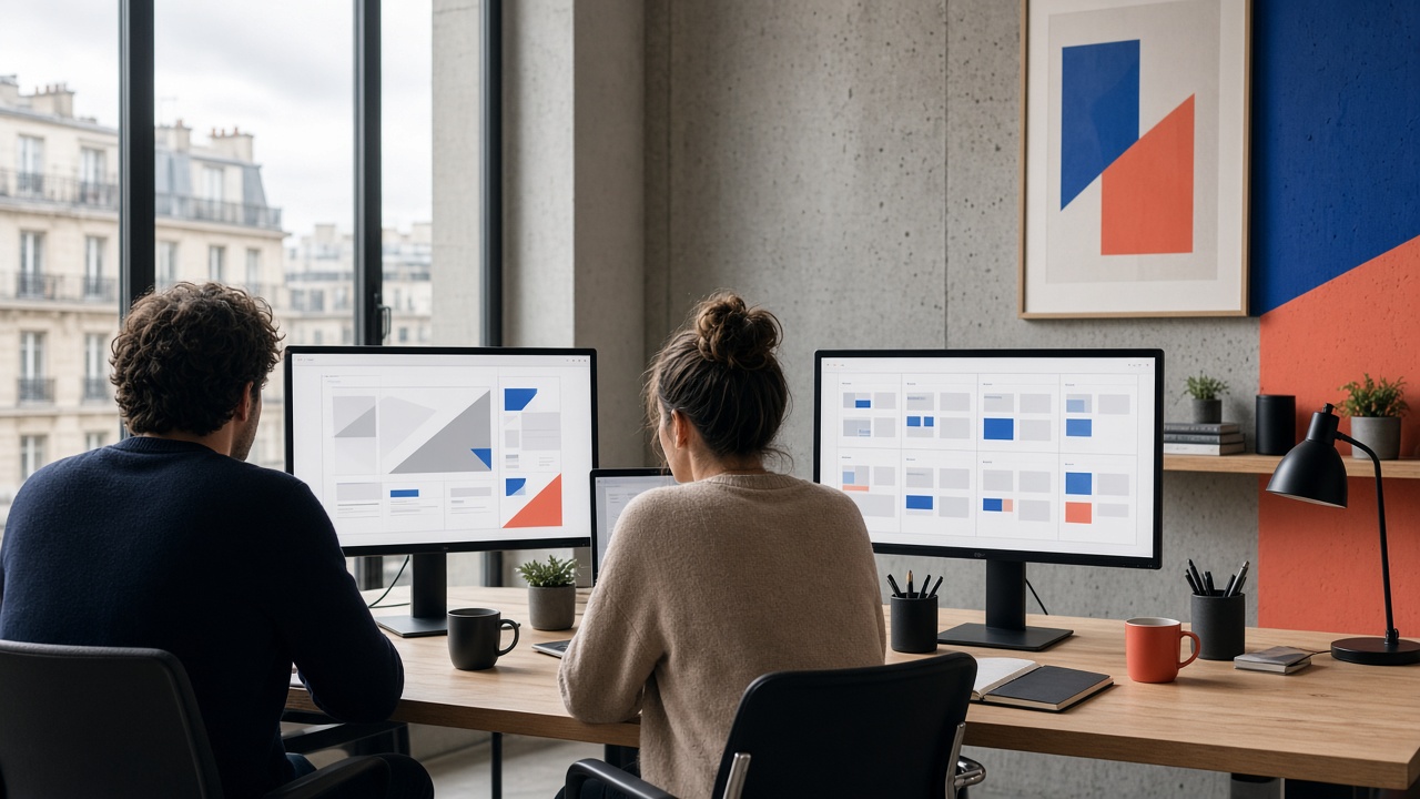 Équipe de création devant des interfaces web en atelier