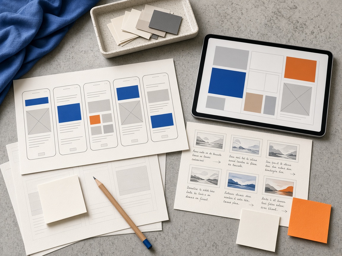 Wireframes mobiles et plan de contenus sur une table