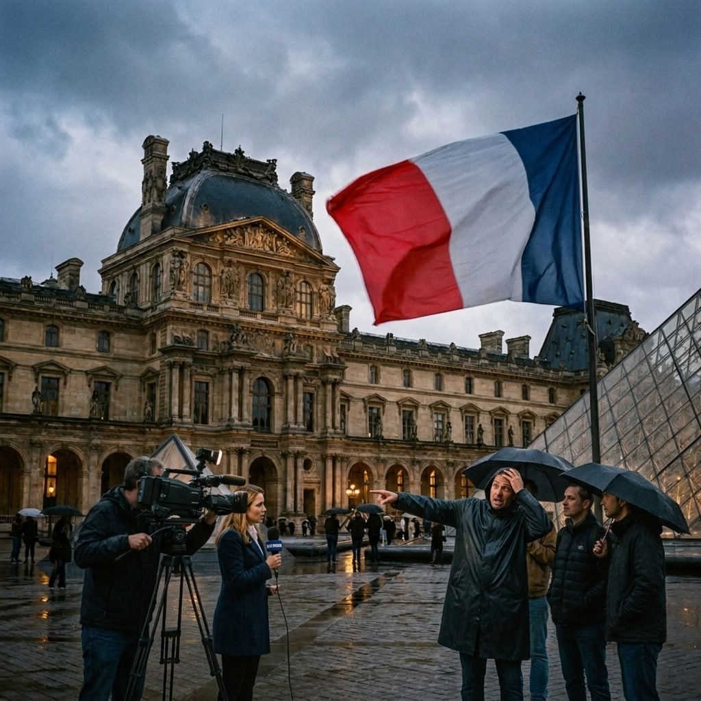 Équipe de reportage sur un parvis parisien sous la pluie