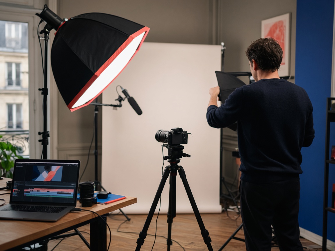 Caméra, lumière et poste de montage dans un studio de contenu